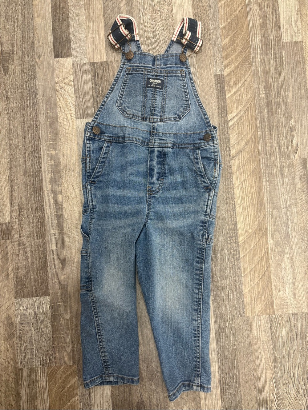 OshKosh B'gosh Denim Blue Overalls with Navy & Pink Striped Straps 3T - Picture 2 of 5